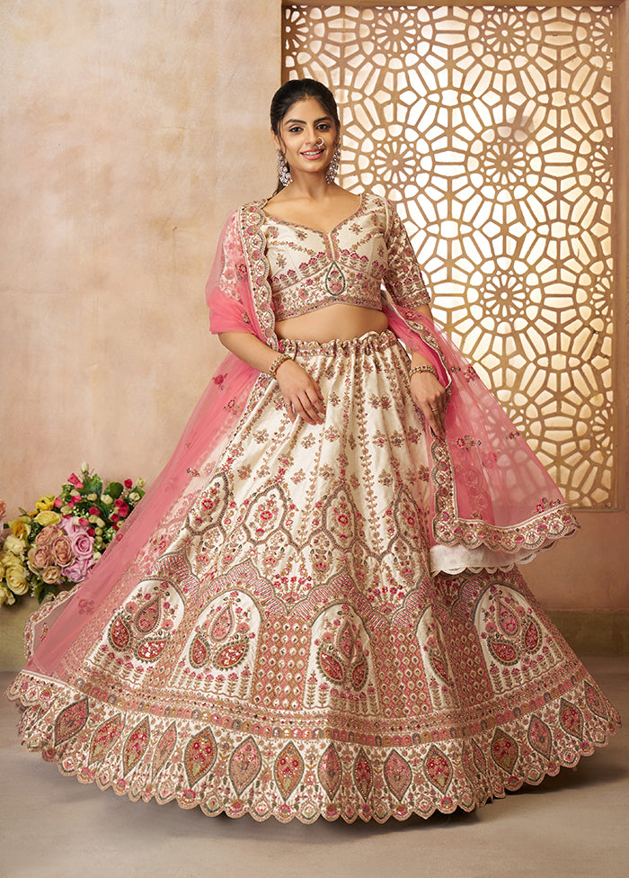 3 Pc White Silk Semi Stitched Lehenga Set