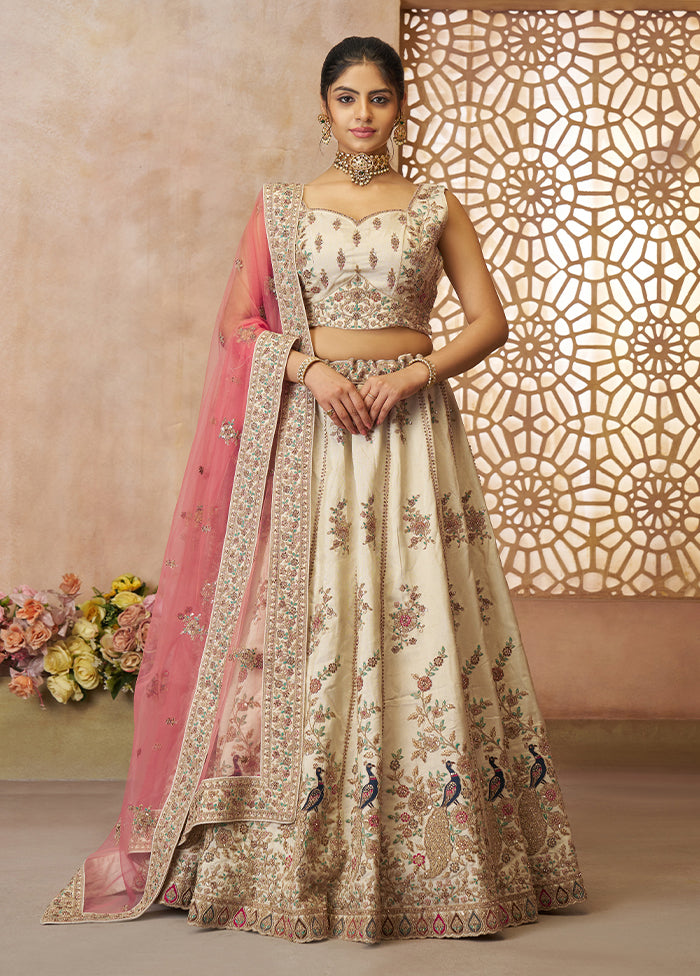 3 Pc White Silk Semi Stitched Lehenga Set