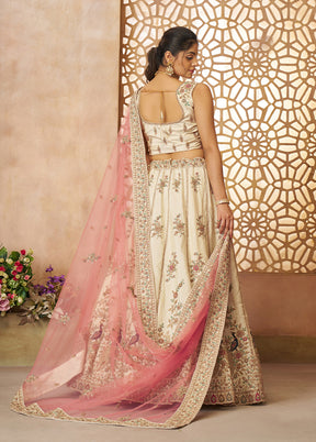 3 Pc White Silk Semi Stitched Lehenga Set