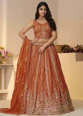 3 Pc Orange Silk Semi Stitched Lehenga Set