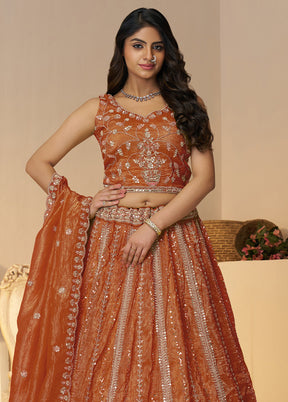 3 Pc Orange Silk Semi Stitched Lehenga Set
