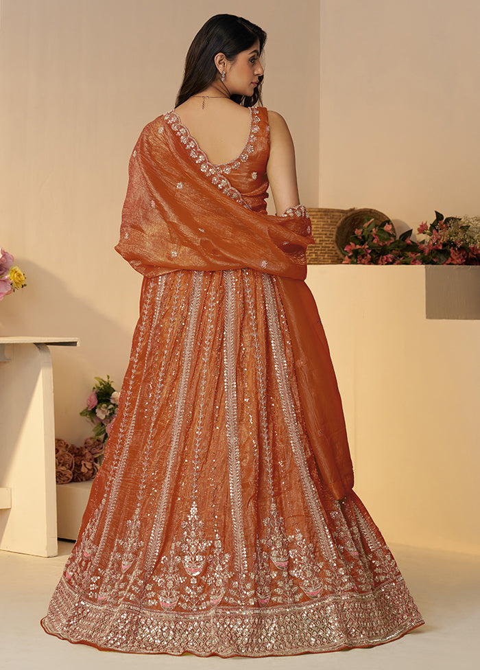 3 Pc Orange Silk Semi Stitched Lehenga Set
