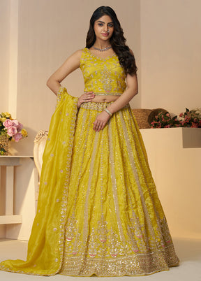3 Pc Yellow Silk Semi Stitched Lehenga Set