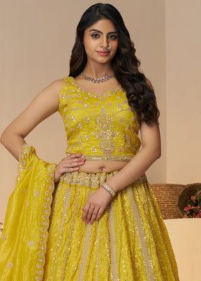 3 Pc Yellow Silk Semi Stitched Lehenga Set