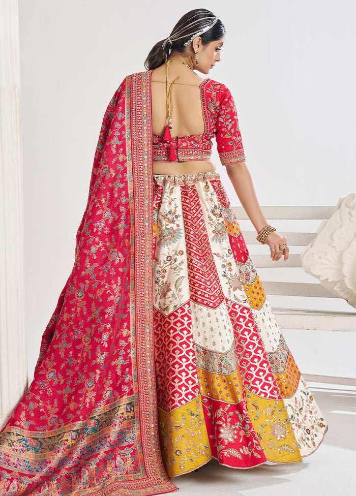 3 Pc White Silk Semi Stitched Lehenga Set