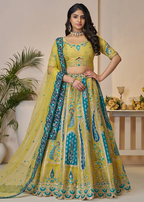 3 Pc Yellow Silk Semi Stitched Lehenga Set