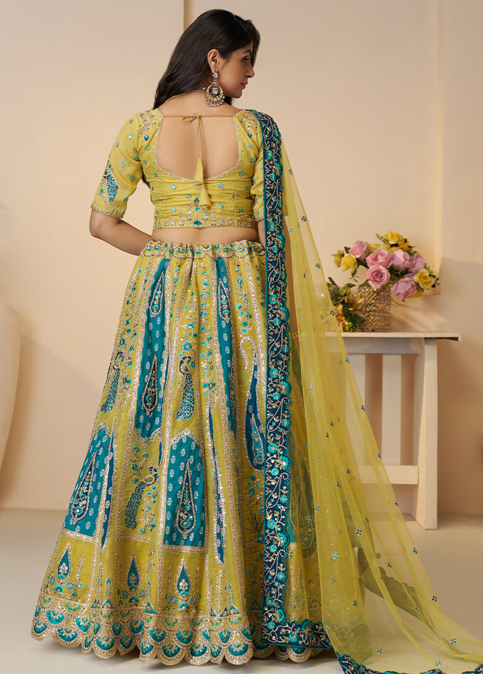3 Pc Yellow Silk Semi Stitched Lehenga Set