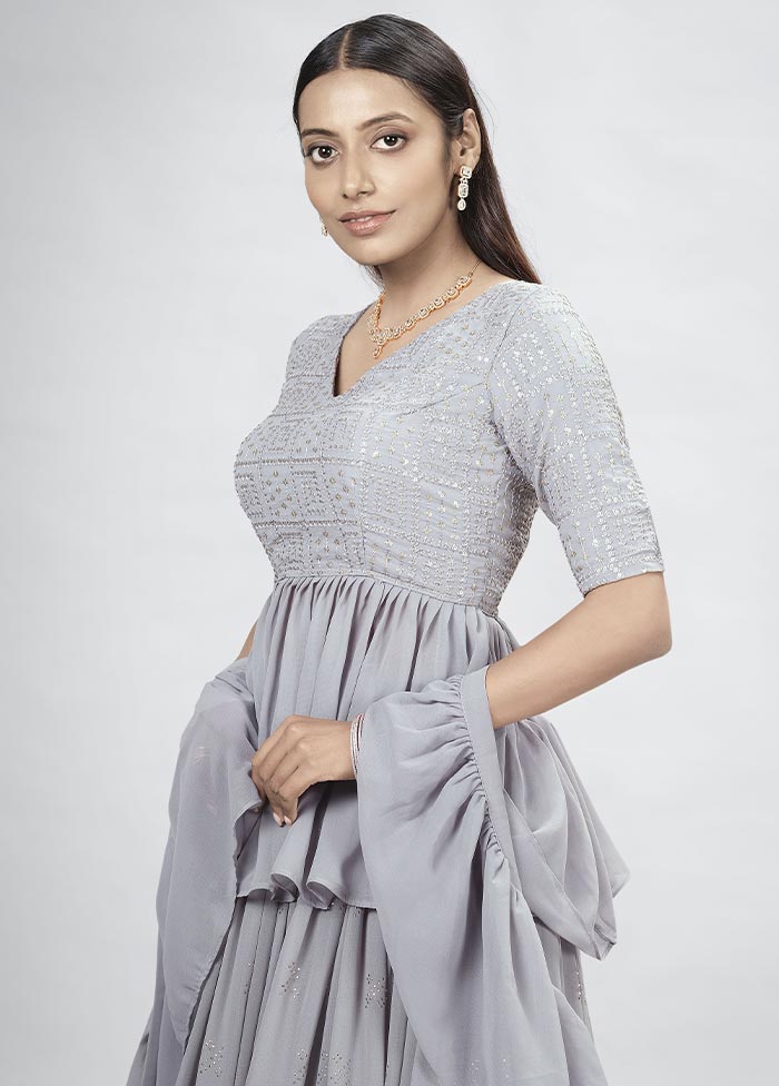 Grey Semi Stitched Georgette Lehenga Choli Set With Dupatta - Indian Silk House Agencies