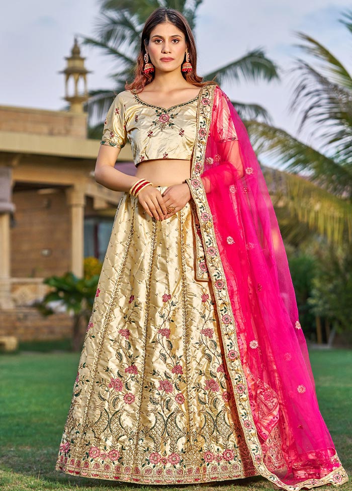 3 Pc Cream Silk Semi Stitched Lehenga Set - Indian Silk House Agencies