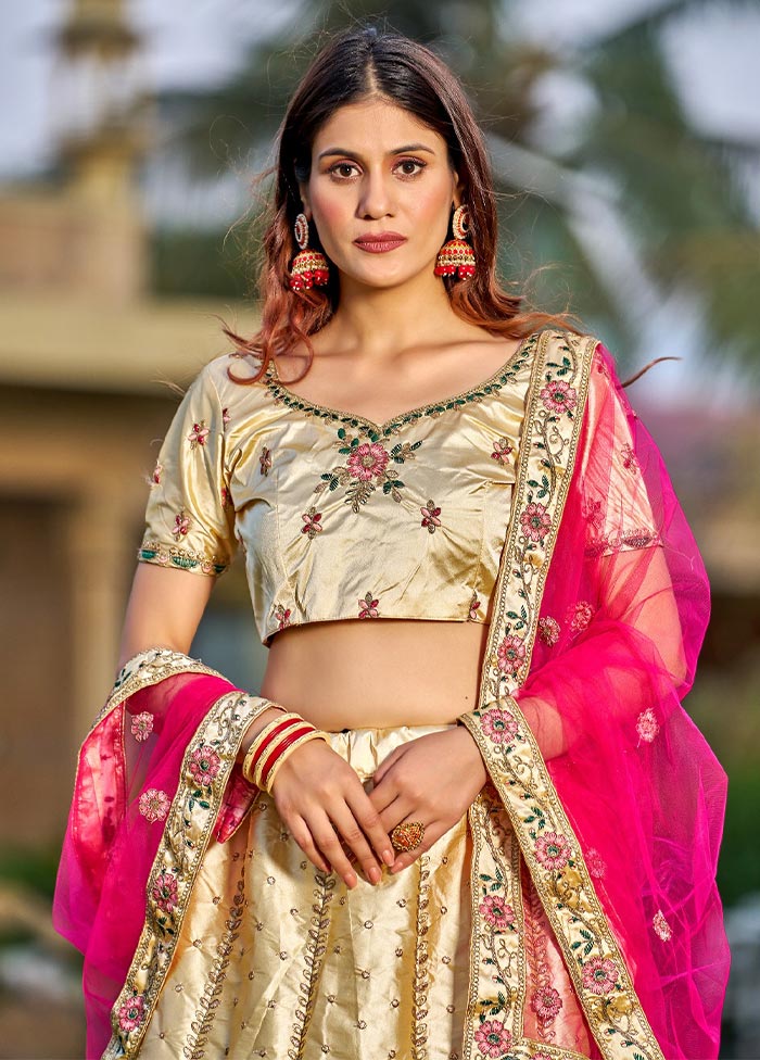 3 Pc Cream Silk Semi Stitched Lehenga Set - Indian Silk House Agencies