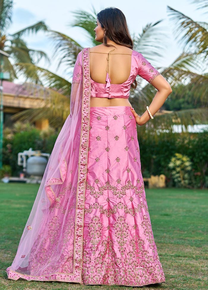 3 Pc Pink Silk Semi Stitched Lehenga Set - Indian Silk House Agencies