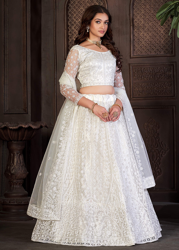 3 Pc White Net Semi Stitched Lehenga Set - Indian Silk House Agencies