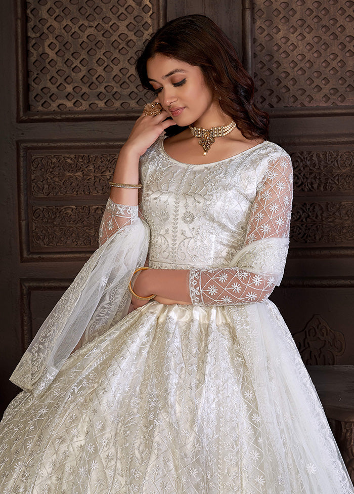 3 Pc White Net Semi Stitched Lehenga Set - Indian Silk House Agencies