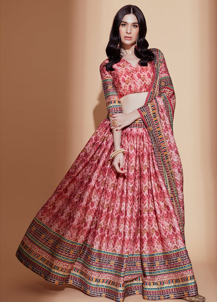 3 Pc Peach Silk Semi Stitched Lehenga Set - Indian Silk House Agencies