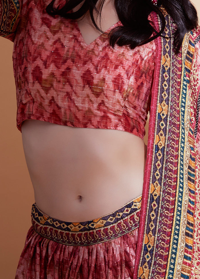 3 Pc Peach Silk Semi Stitched Lehenga Set - Indian Silk House Agencies