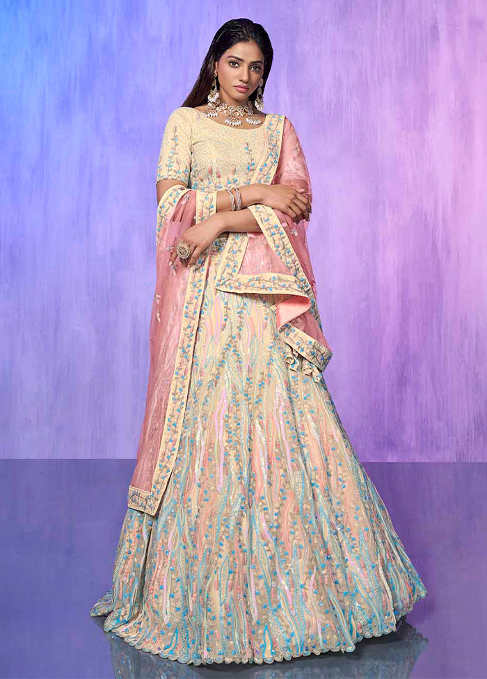 3 Pc Off White Net Semi Stitched Lehenga Set - Indian Silk House Agencies