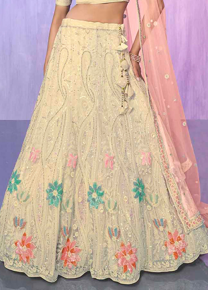 3 Pc Off White Net Semi Stitched Lehenga Set - Indian Silk House Agencies