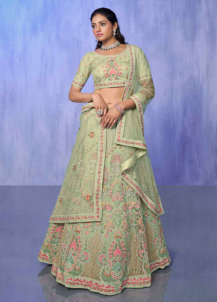 3 Pc Pista Green Net Semi Stitched Lehenga Set - Indian Silk House Agencies