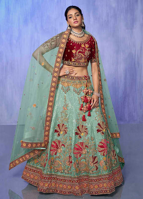 3 Pc Turquoise Velvet Semi Stitched Lehenga Set - Indian Silk House Agencies