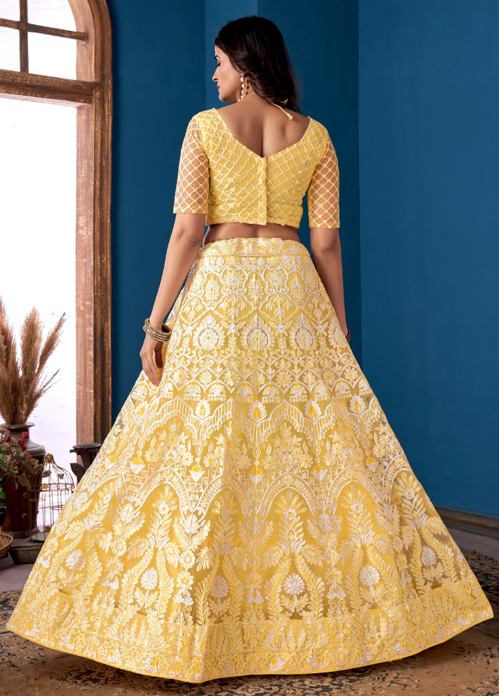 3 Pc Yellow Net Semi Stitched Lehenga Set - Indian Silk House Agencies
