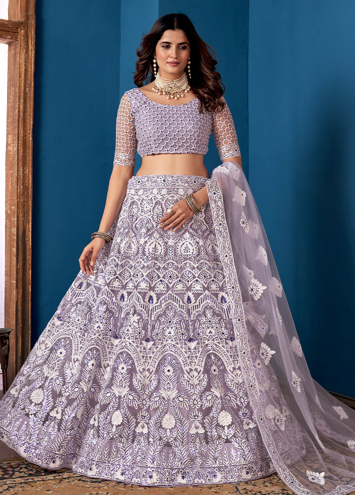 3 Pc Grey Net Semi Stitched Lehenga Set - Indian Silk House Agencies
