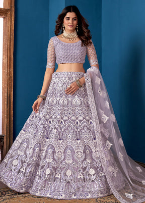 3 Pc Grey Net Semi Stitched Lehenga Set - Indian Silk House Agencies