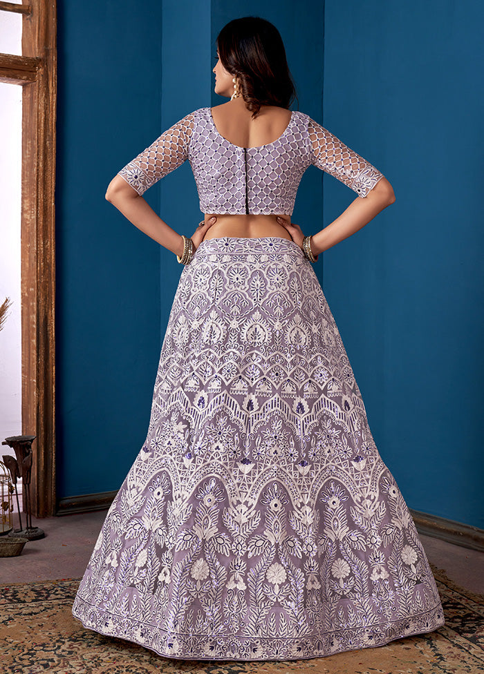 3 Pc Grey Net Semi Stitched Lehenga Set - Indian Silk House Agencies