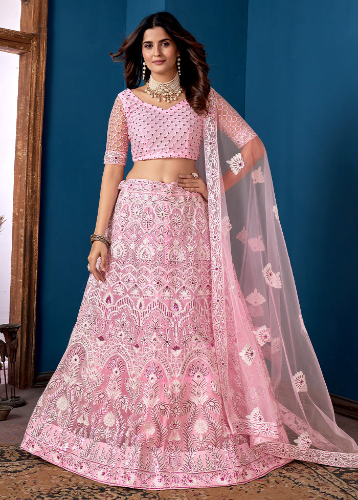 3 Pc Pink Net Semi Stitched Lehenga Set - Indian Silk House Agencies