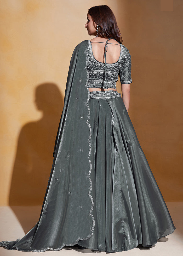 3 Pc Grey Net Semi Stitched Lehenga Set - Indian Silk House Agencies