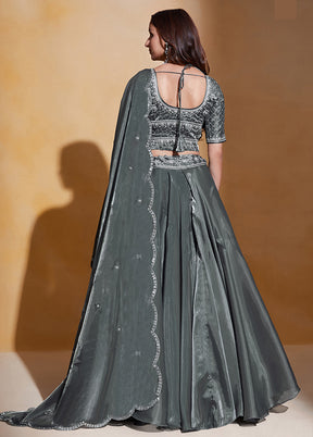 3 Pc Grey Net Semi Stitched Lehenga Set - Indian Silk House Agencies