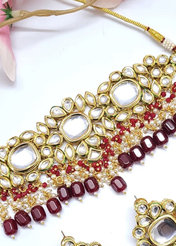 Maroon Kundan Polki Choker Set With Mangtika - Indian Silk House Agencies