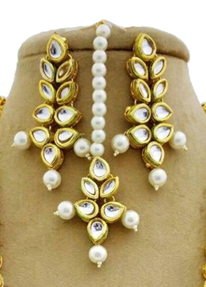 White Kundan Long Necklace Set With Mangtika - Indian Silk House Agencies