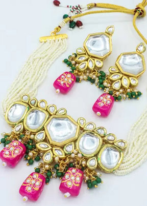 Pink Beaded Polki Kundan Choker Set - Indian Silk House Agencies