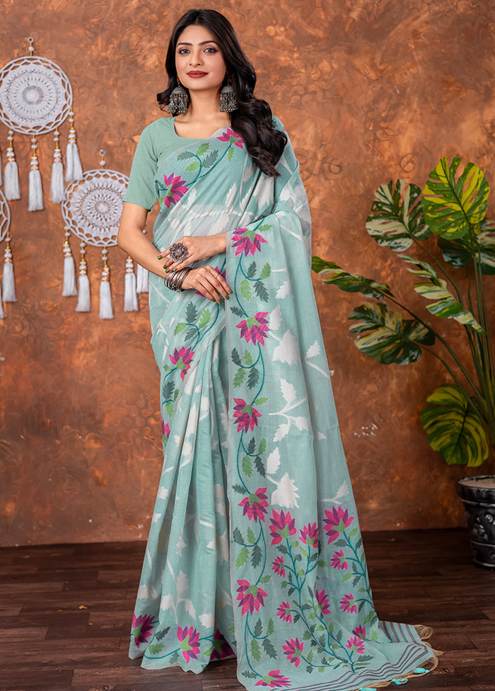 Blue Tant Cotton Saree With Blouse Piece