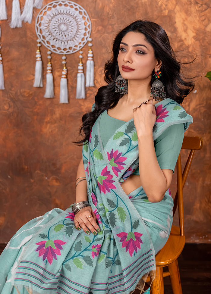 Blue Tant Cotton Saree With Blouse Piece