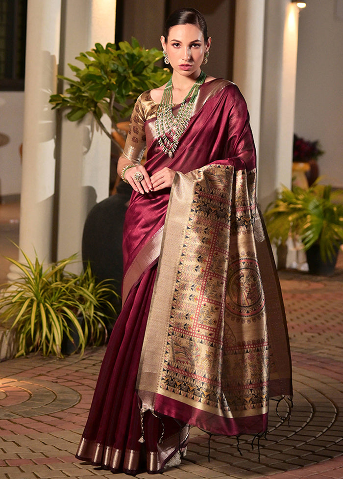 Maroon Spun Silk Saree With Blouse Piece