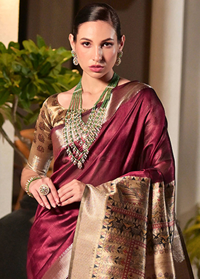Maroon Spun Silk Saree With Blouse Piece