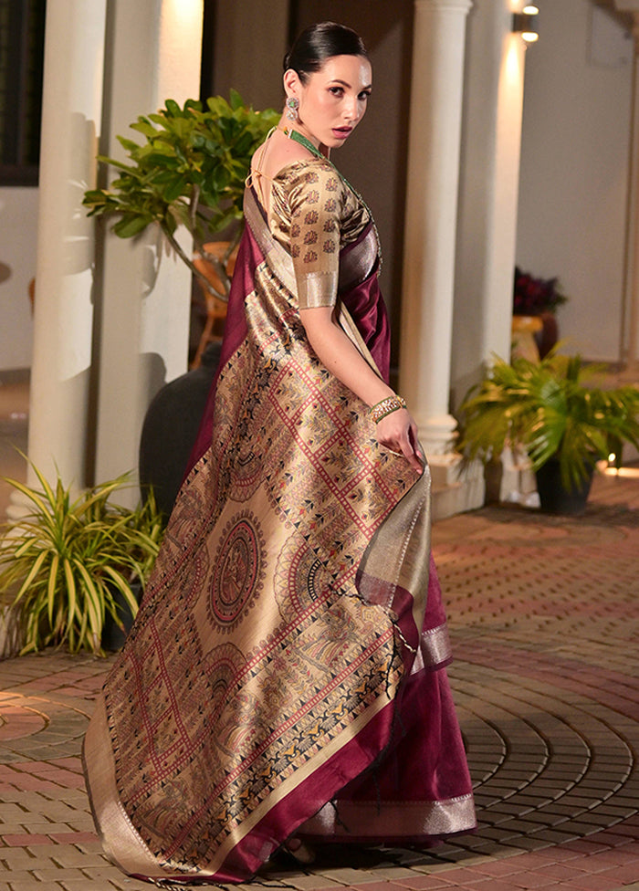 Maroon Spun Silk Saree With Blouse Piece