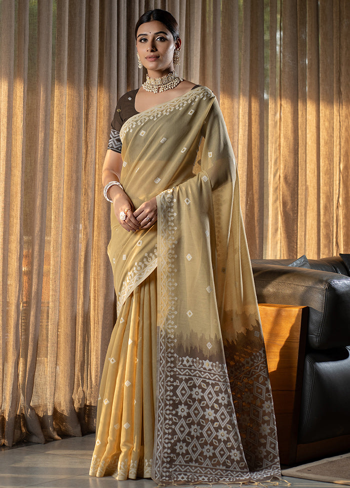 Beige Pure Cotton Saree With Blouse Piece - Indian Silk House Agencies