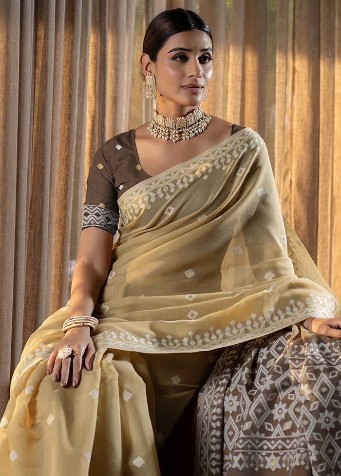 Beige Pure Cotton Saree With Blouse Piece - Indian Silk House Agencies