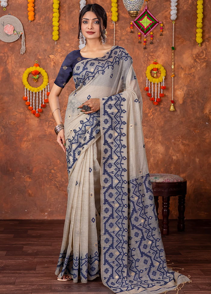 Navy Blue Tant Cotton Saree With Blouse Piece