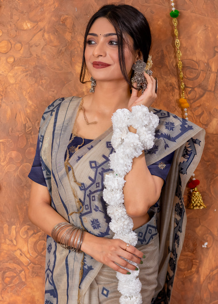 Navy Blue Tant Cotton Saree With Blouse Piece