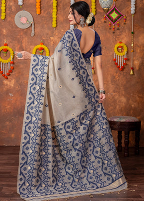 Navy Blue Tant Cotton Saree With Blouse Piece