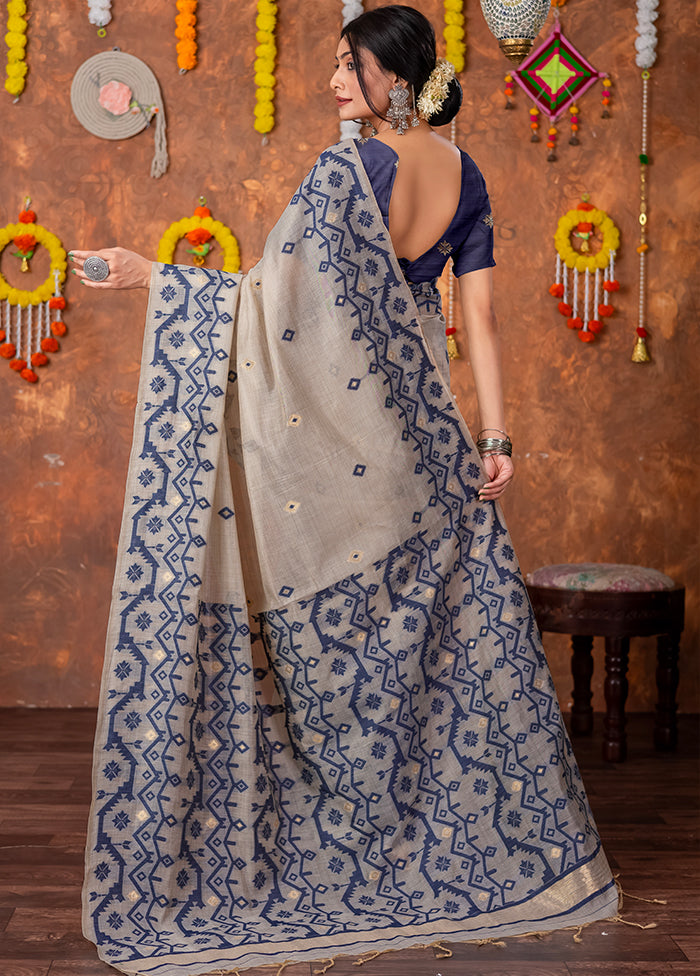 Navy Blue Tant Cotton Saree With Blouse Piece