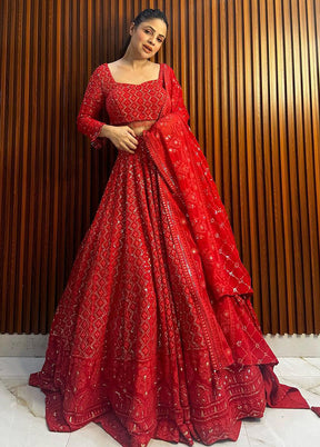 3 Pc Multicolor Georgette Semi Stitched Lehenga Set - Indian Silk House Agencies