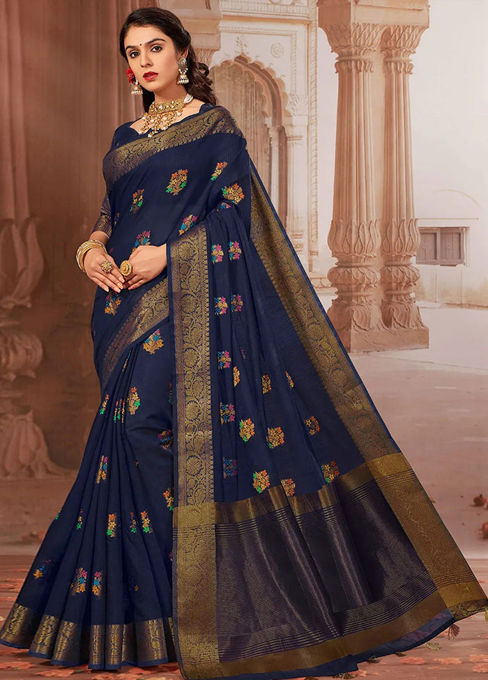 Navy Blue Chanderi Silk Saree With Blouse Piece - Indian Silk House Agencies