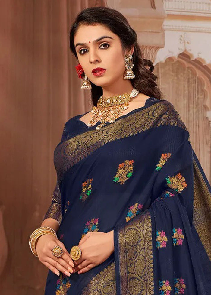 Navy Blue Chanderi Silk Saree With Blouse Piece - Indian Silk House Agencies