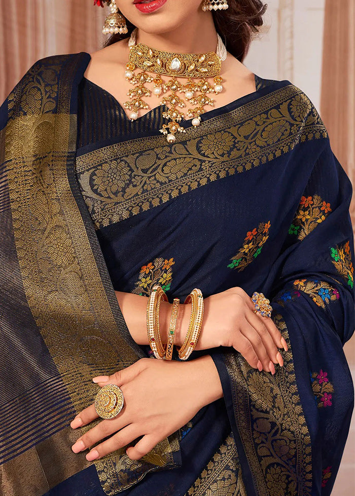 Navy Blue Chanderi Silk Saree With Blouse Piece - Indian Silk House Agencies