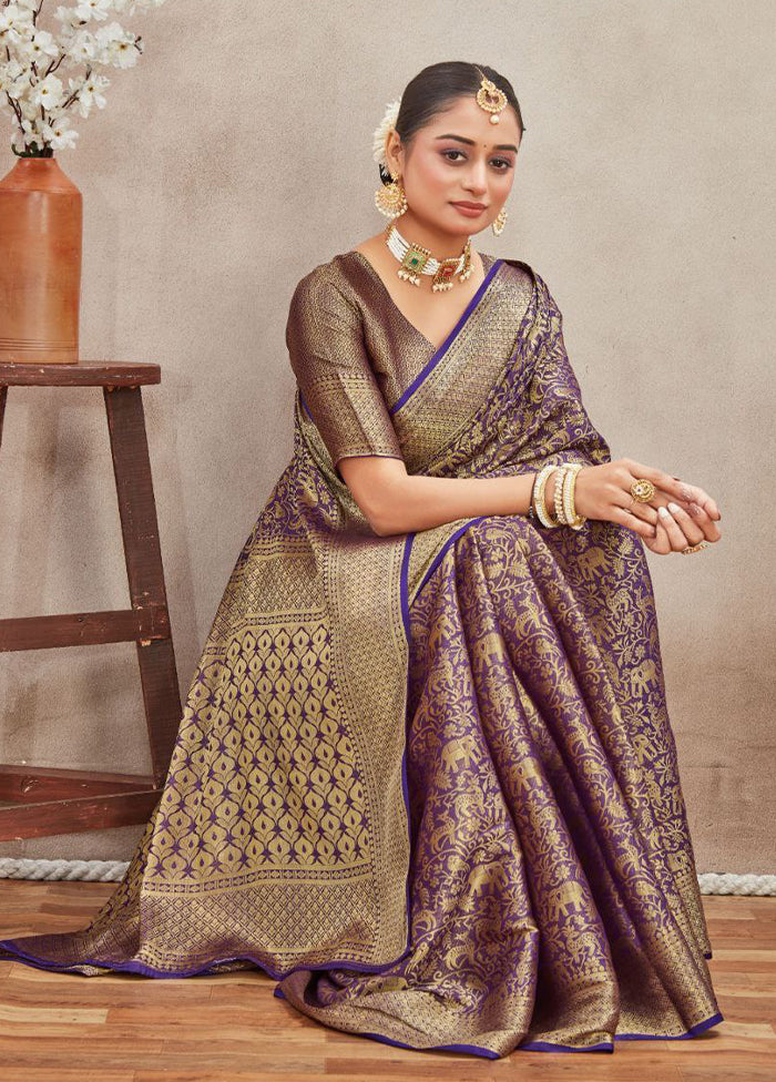 Navy Blue Spun Silk Saree With Blouse Piece