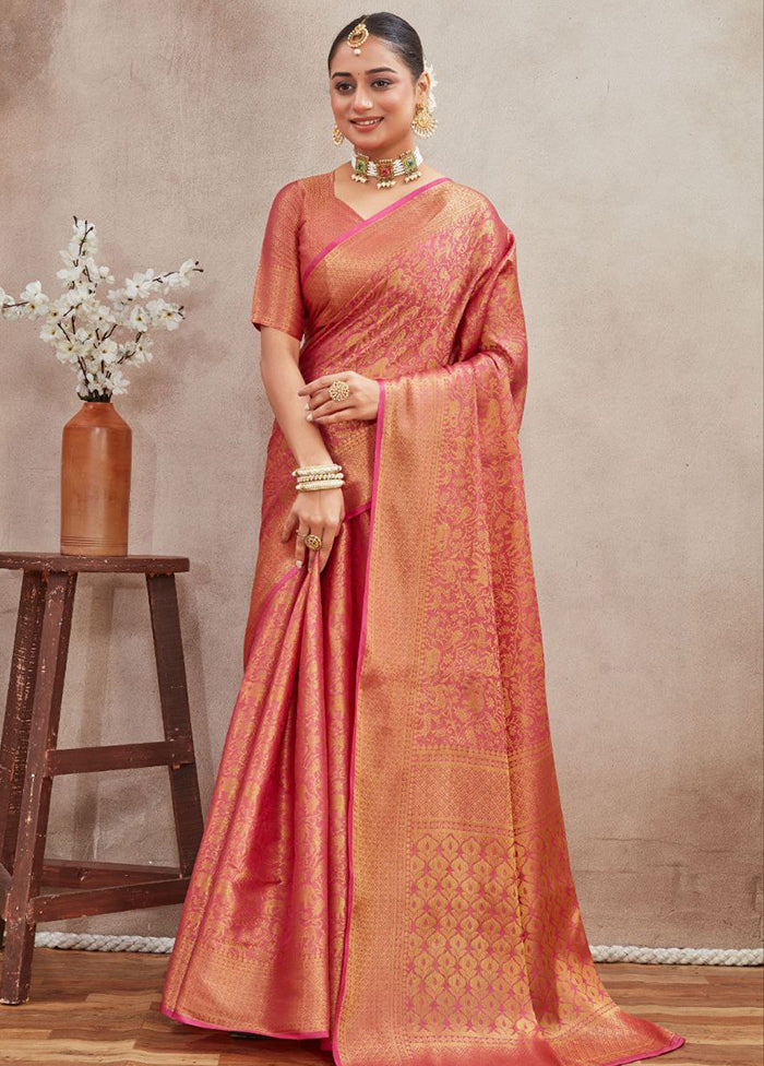 Peach Spun Silk Saree With Blouse Piece